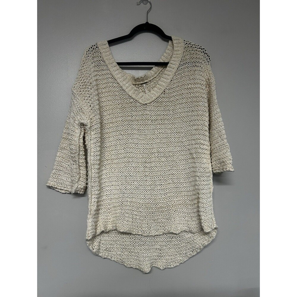 Free People Park Slope Crochet Sweater relaxed V-neckline three-quarter sleeves